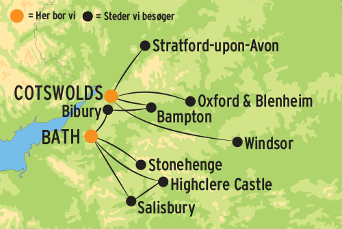 Kort over rejsen til England med besøg på Downton Abbey